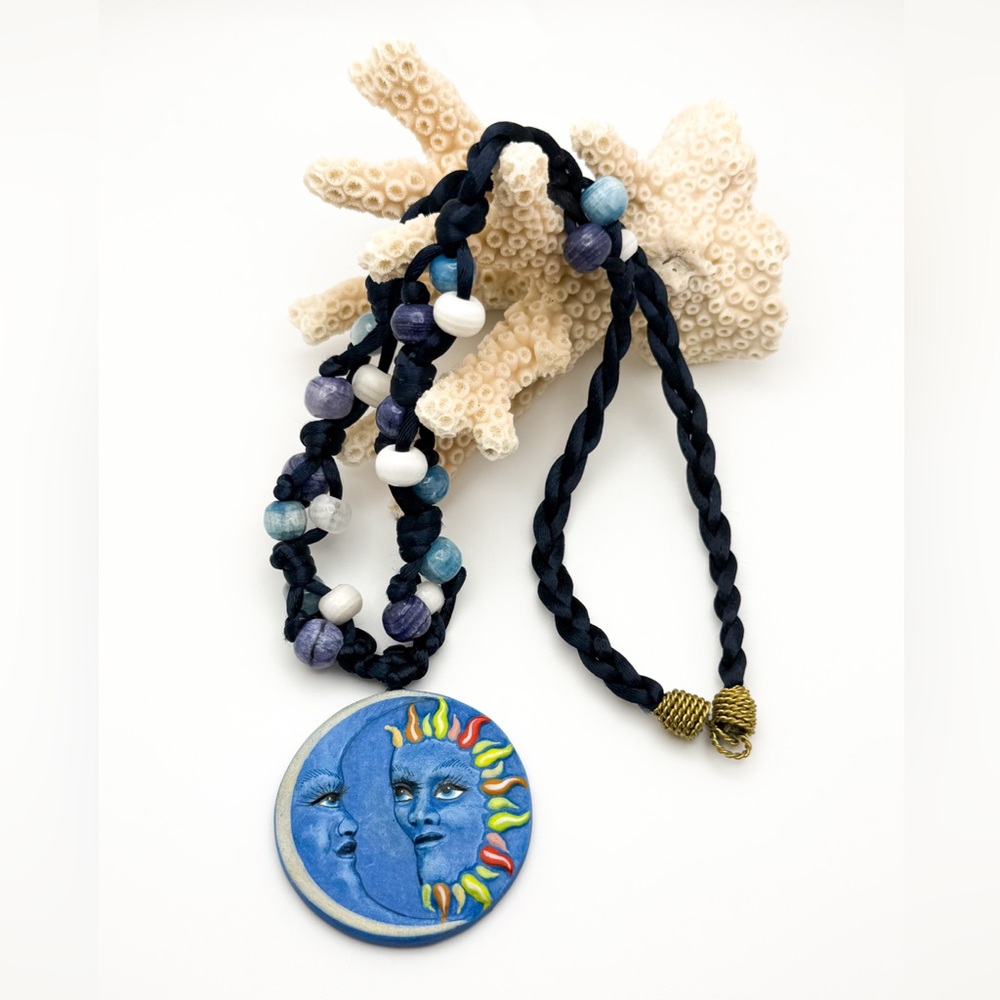 RARE Signed F. Mendiola Tonala, Mex Whimsical Celestial Moon & Sun Necklace